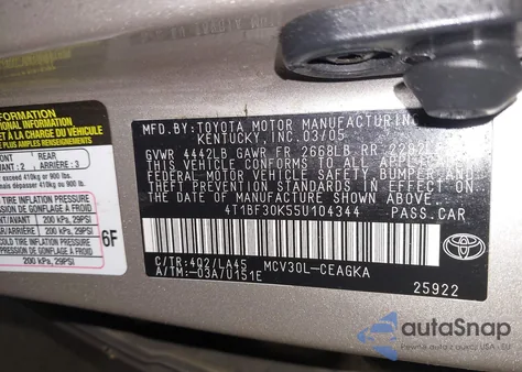 2005 Toyota Camry Xle V6 from USA, damaged, VIN 4T1BF30K55U104344